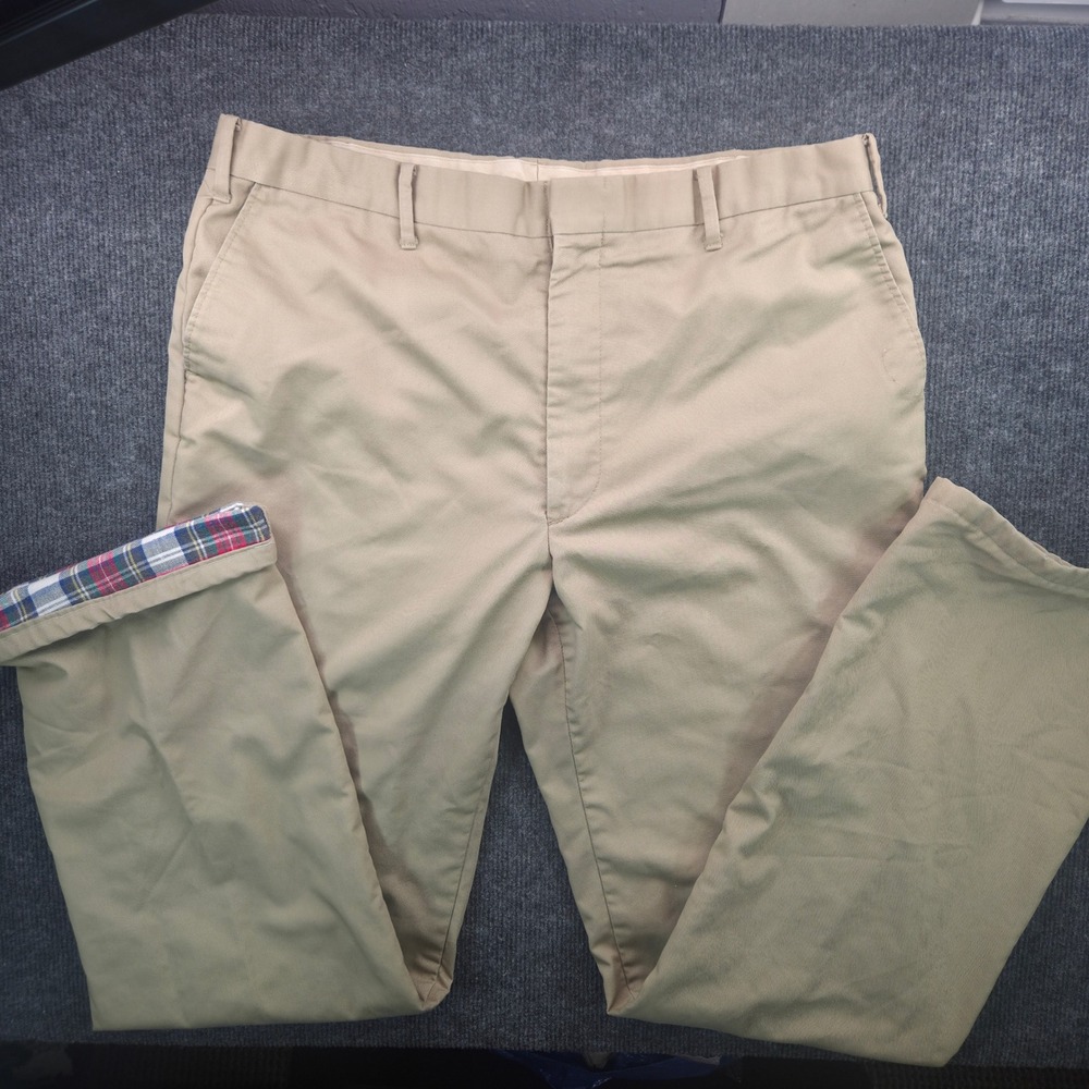 Woolrich Mens 38 Tan Cotton Plaid Flannel Lined Chino Pants Vintage Made in USA